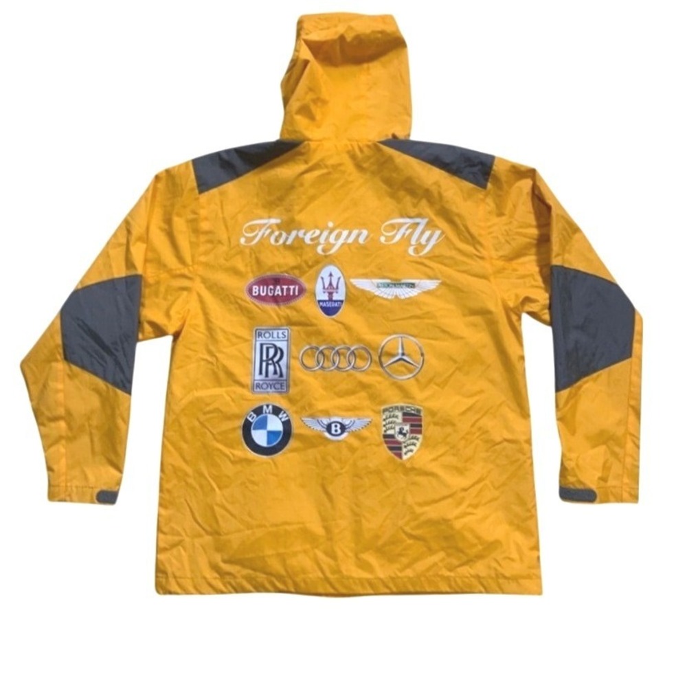 Tri-Mountain Foreign Fly Yellow Hooded Windbreaker Jacket Mens Large Car Logos‎